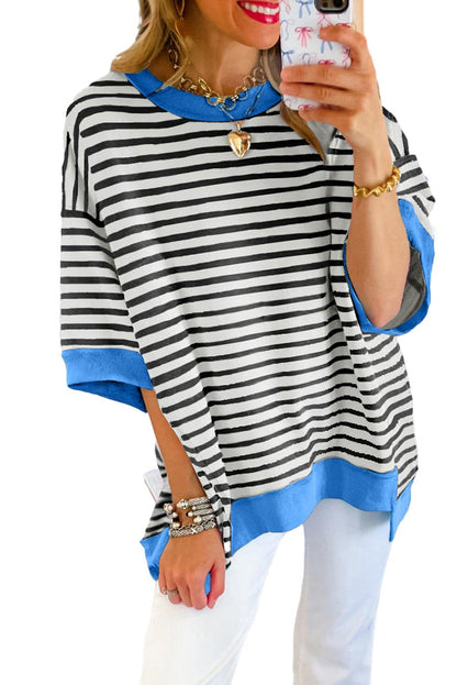 Pink Stripe Colorblock Drop Sleeve Oversized T Shirt - The Fair Lady Shop