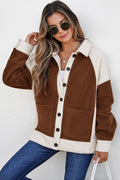 Brown Color Block Patchwork Button Down Fleece Shacket