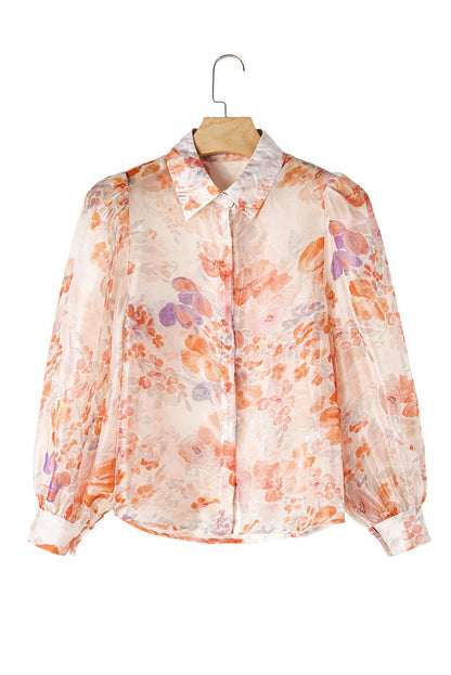 White Floral Print Buttoned Balloon Sleeve Loose Shirt - The Fair Lady Shop