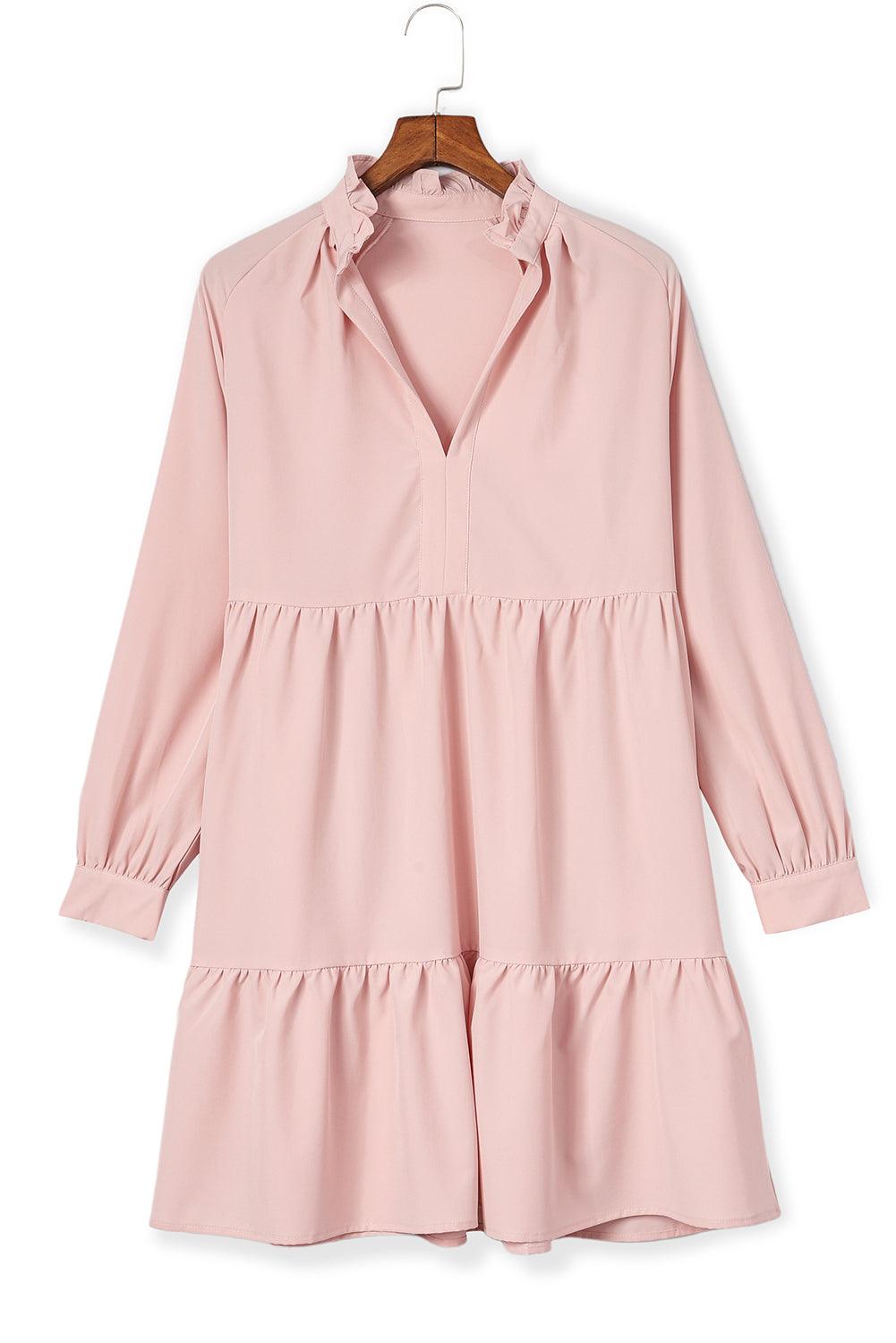 Pink Casual Stand V Neck Short Frill Dress - The Fair Lady Shop
