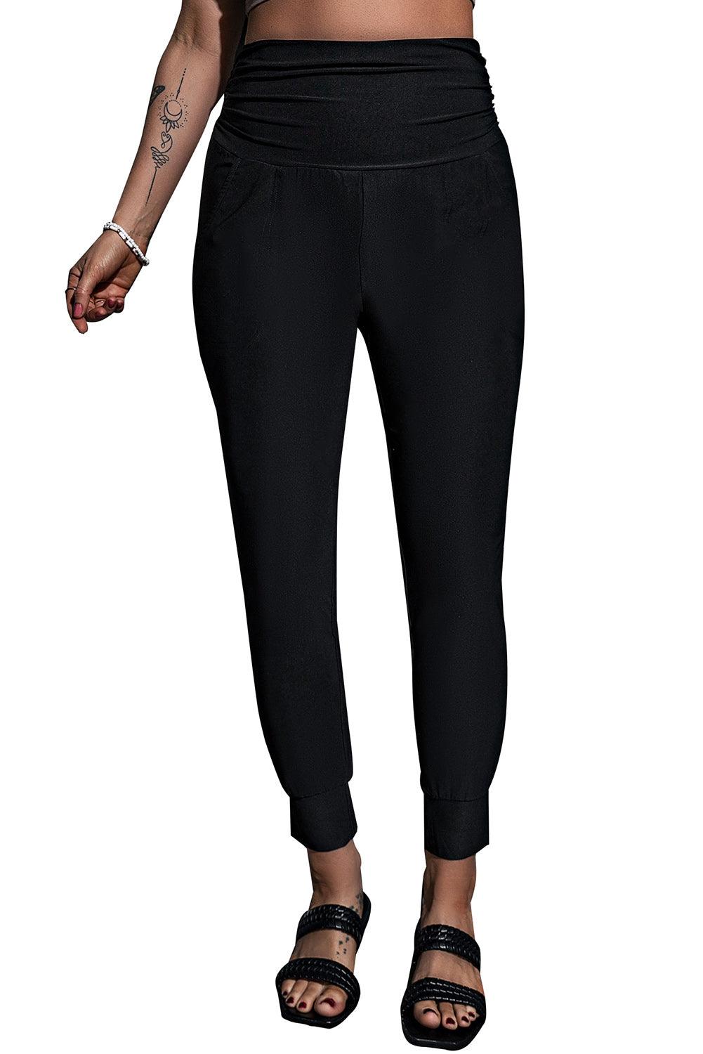 Black Pleated Casual Pocket High Waisted Leggings - The Fair Lady Shop