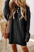 Black Twist Cable Knit Drop Shoulder Loose Fit Sweater Dress - The Fair Lady Shop