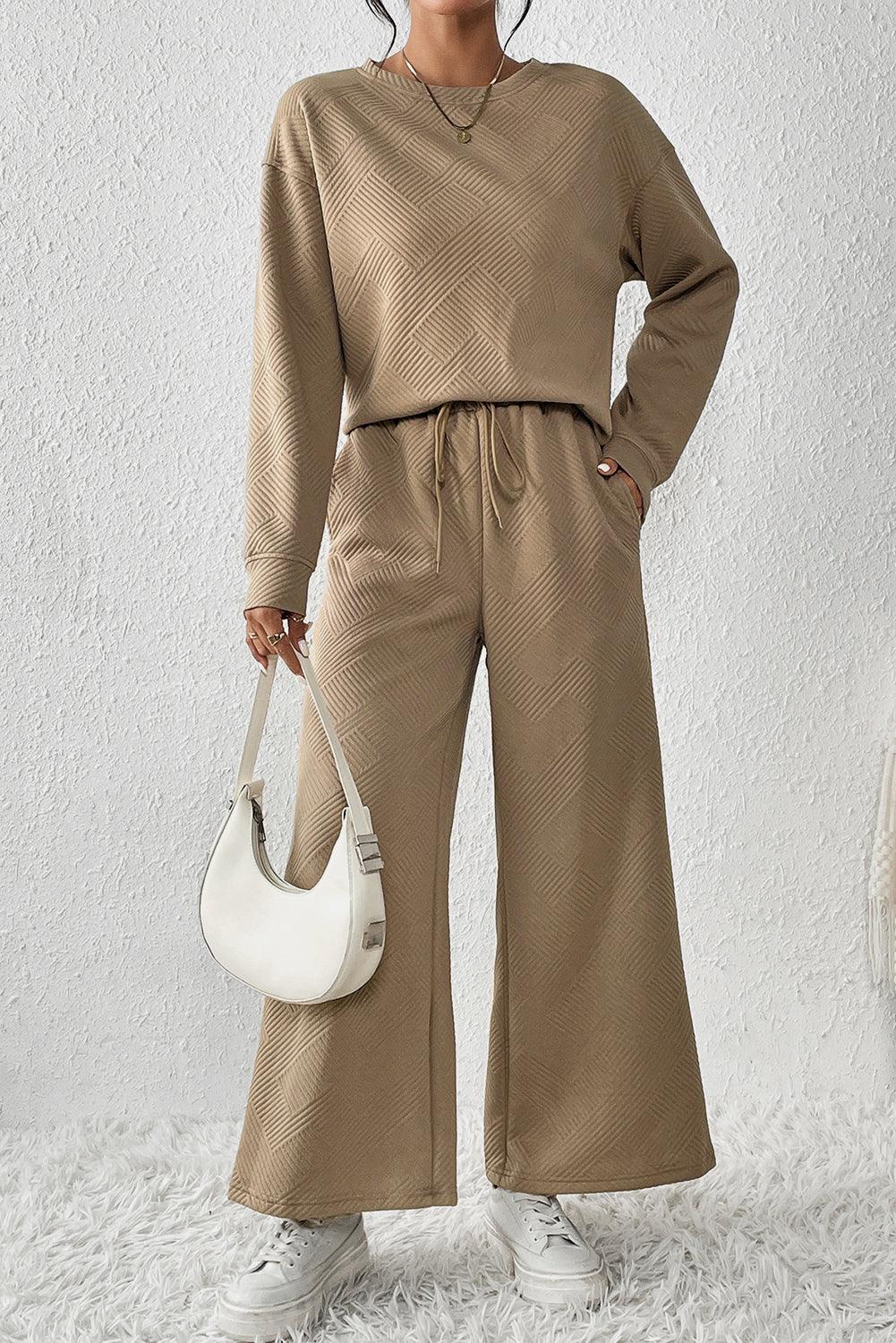 Dark Brown Textured Loose Slouchy Long Sleeve Top and Pants Set - The Fair Lady Shop