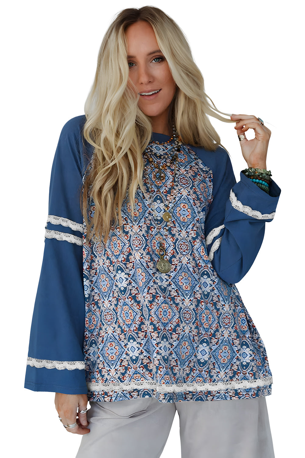 Blue Boho Geometric Print Lace Ricrac Raglan Sleeve Blouse - The Fair Lady Shop