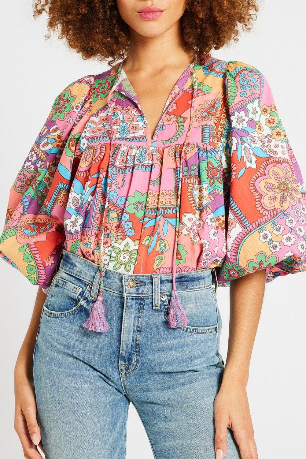 Multicolour Boho Floral Tie V Neck Pleated Blouse - The Fair Lady Shop