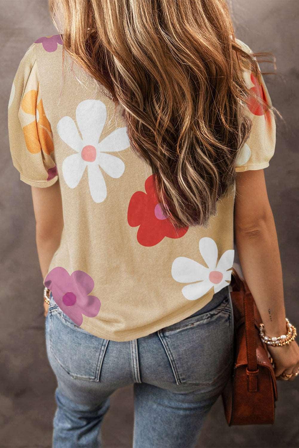 Apricot Colorful Flower Print Bubble Sleeve Tee - The Fair Lady Shop