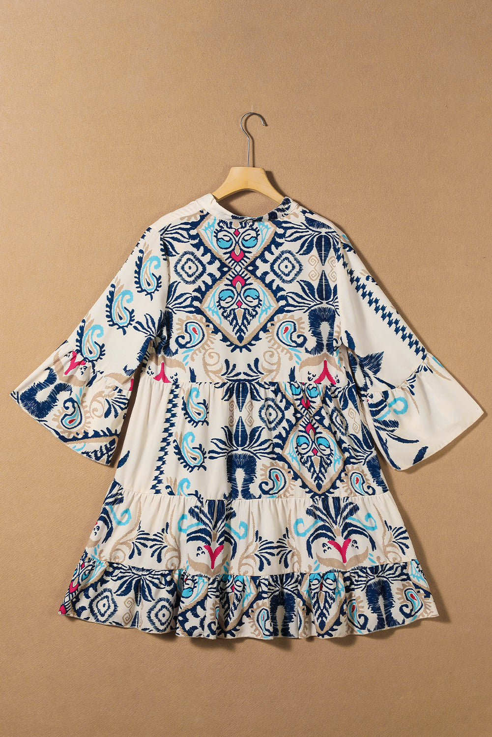 White Ethnic Print Boho Button Tiered Mini Dress - The Fair Lady Shop