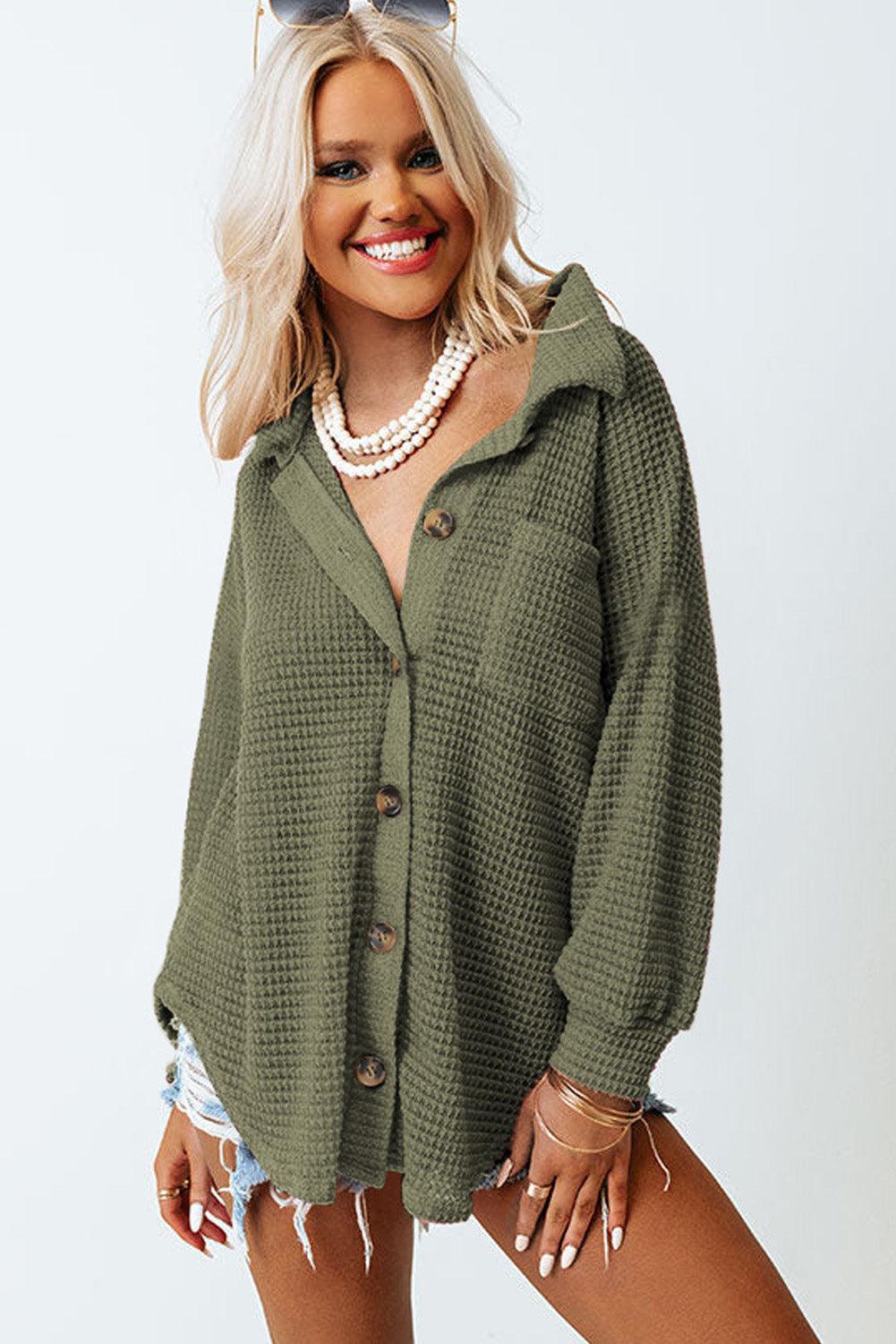 Khaki Waffle Knit Pocket Button Front Shacket - The Fair Lady Shop