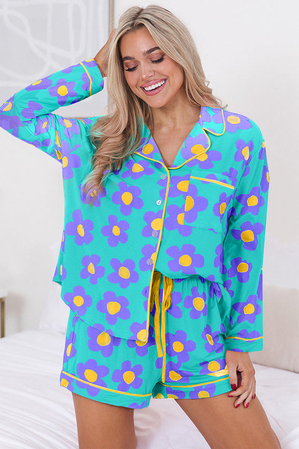 Green 60s Flower Print Buttoned Shirt and Drawstring Waist Pajama Set - The Fair Lady Shop