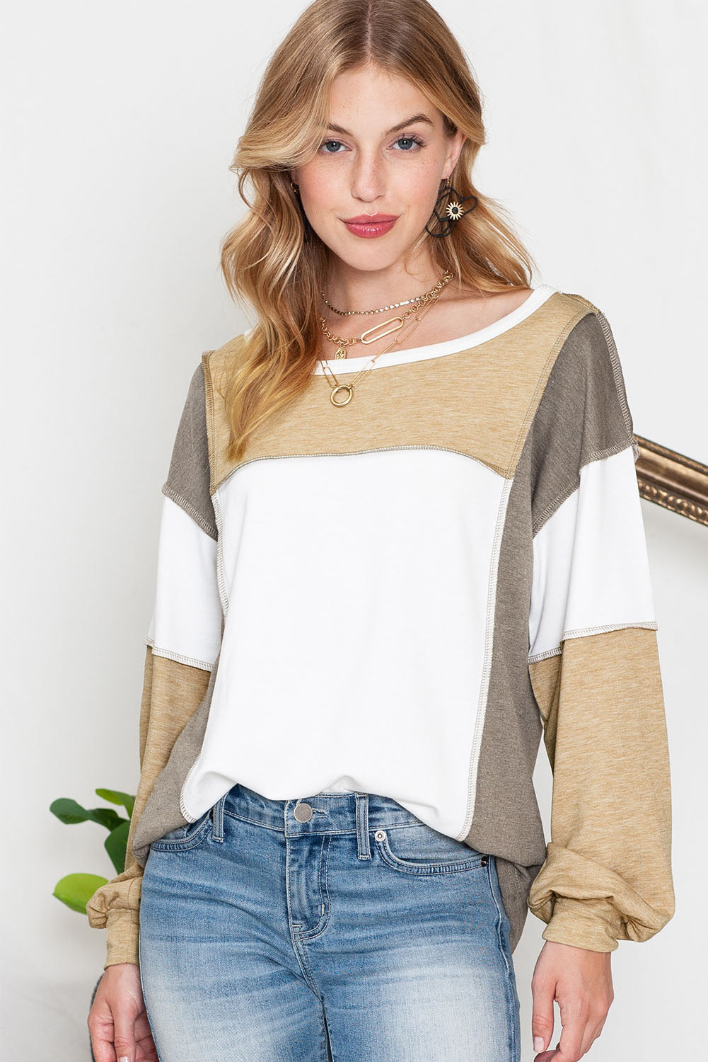 Khaki Color Block Exposed Seam Long Sleeve Top - The Fair Lady Shop