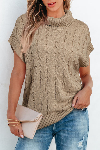 Light Beige Turtleneck Short Dolman Sleeve Cable Knit Sweater - The Fair Lady Shop