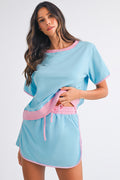 Turquoise Colorblock Edge Drop Shoulder T Shirt and Skort Set