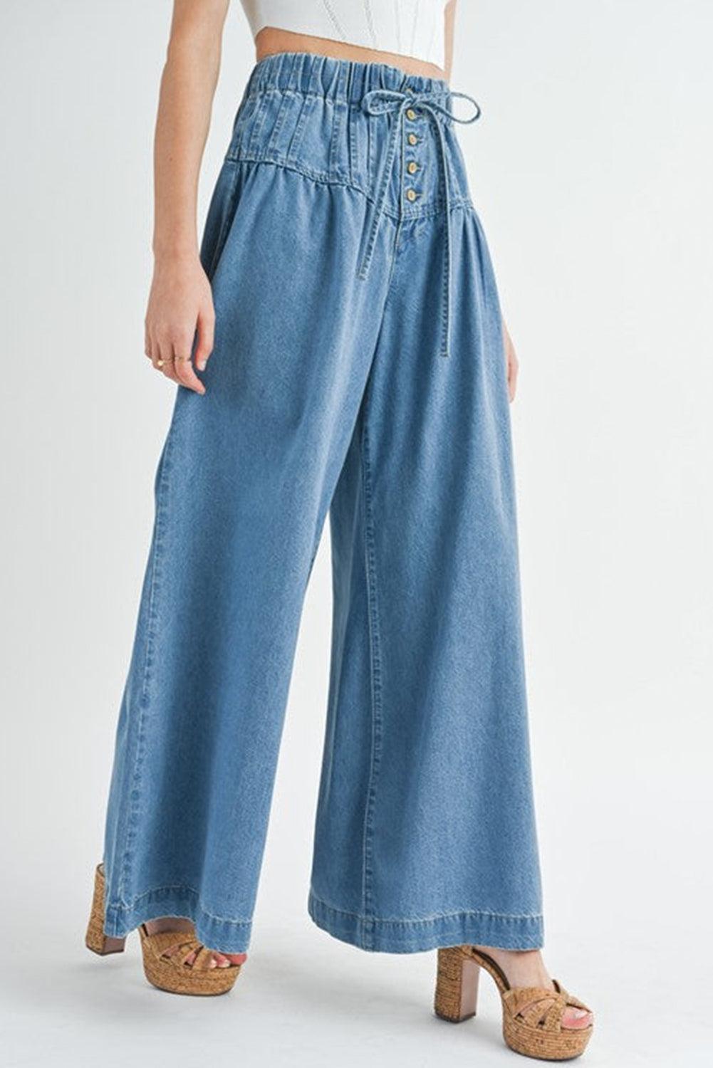 Dusk Blue Mineral Wash Button High Waist Wide Leg Jeans - The Fair Lady Shop