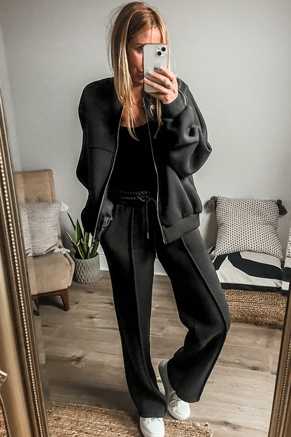 Black Seamed Zipper Jacket and Drawstring Waist Pants Set - The Fair Lady Shop