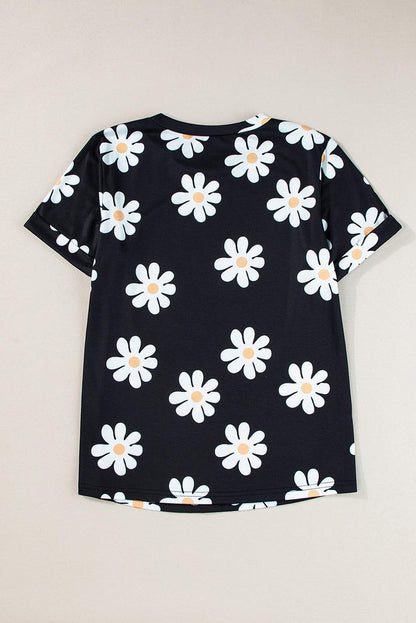 Sky Blue Daisy Print Crewneck T Shirt - The Fair Lady Shop