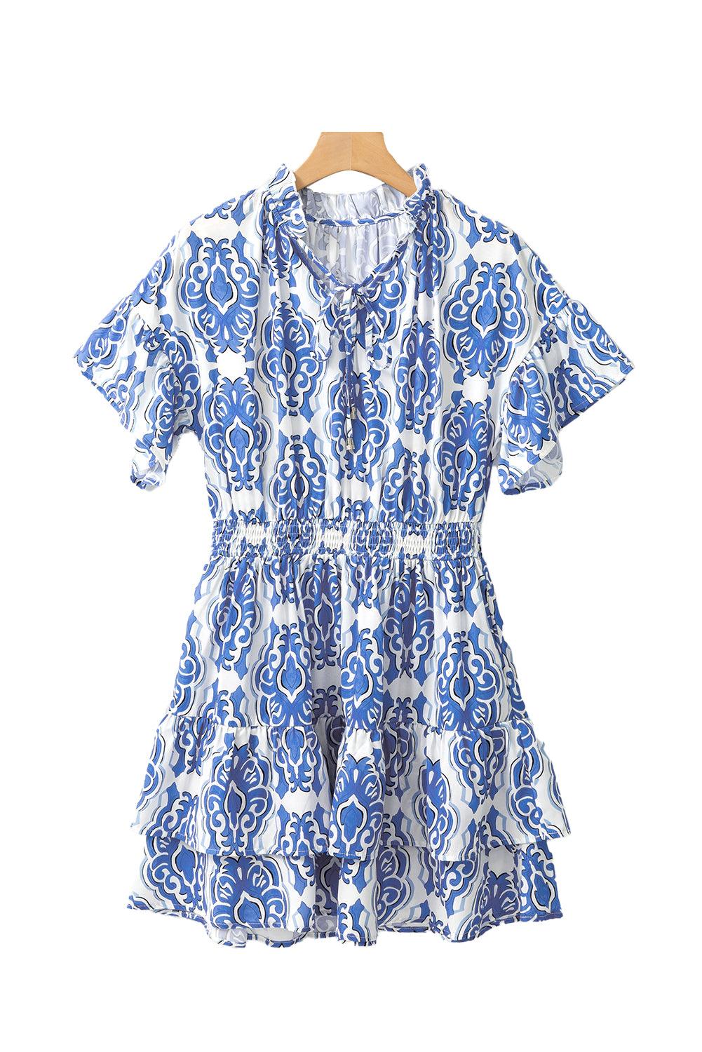 Ashleigh Blue Abstract Print Smocked Waist Tiered Mini Dress - The Fair Lady Shop