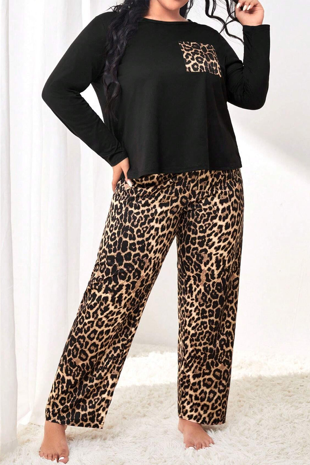 Black Leopard Patched Pocket Long Sleeve Top Plus Size Pajama Set - The Fair Lady Shop