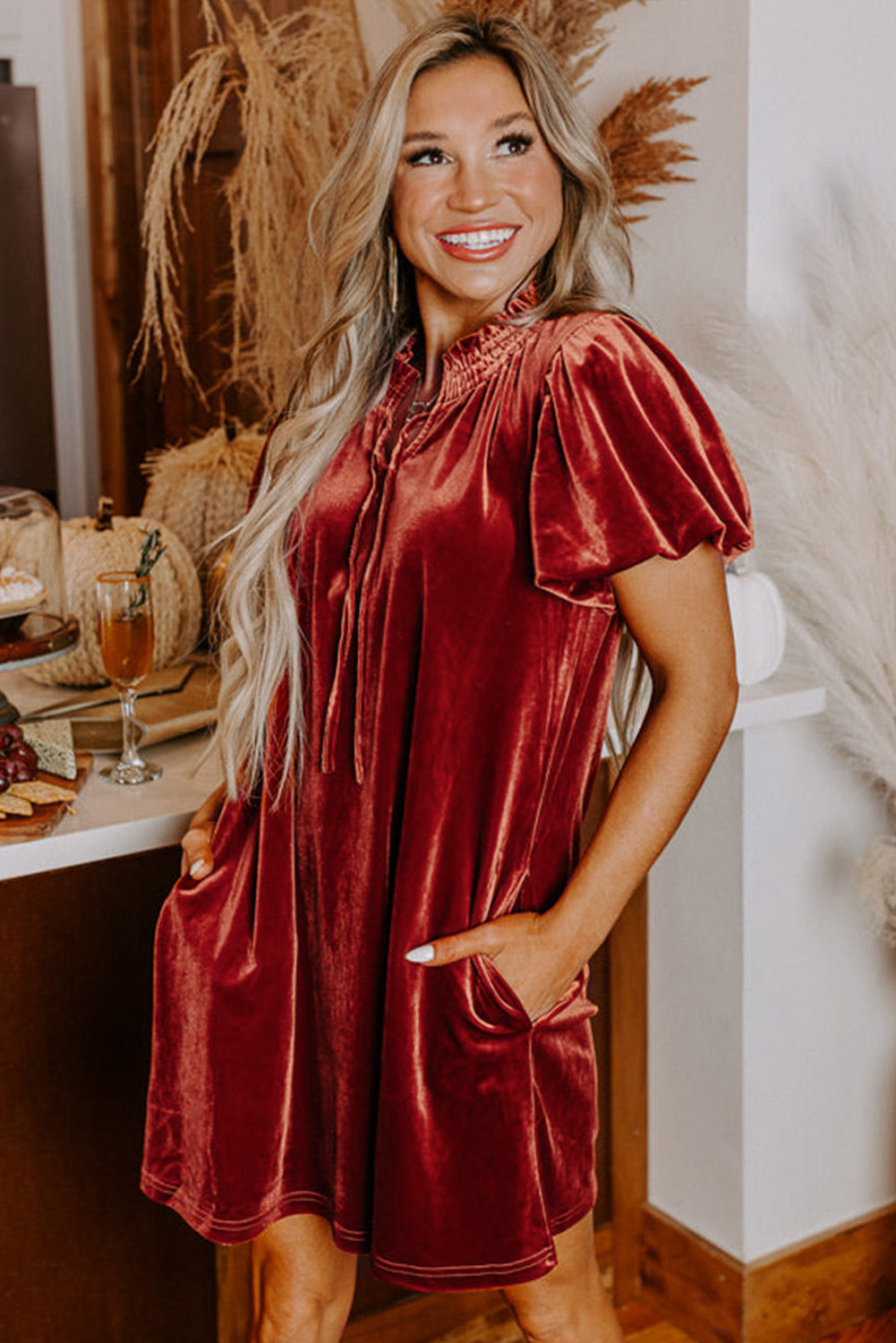 Cinnamon Velvet Smocked Neckline Puff Sleeve Shift Mini Dress - The Fair Lady Shop