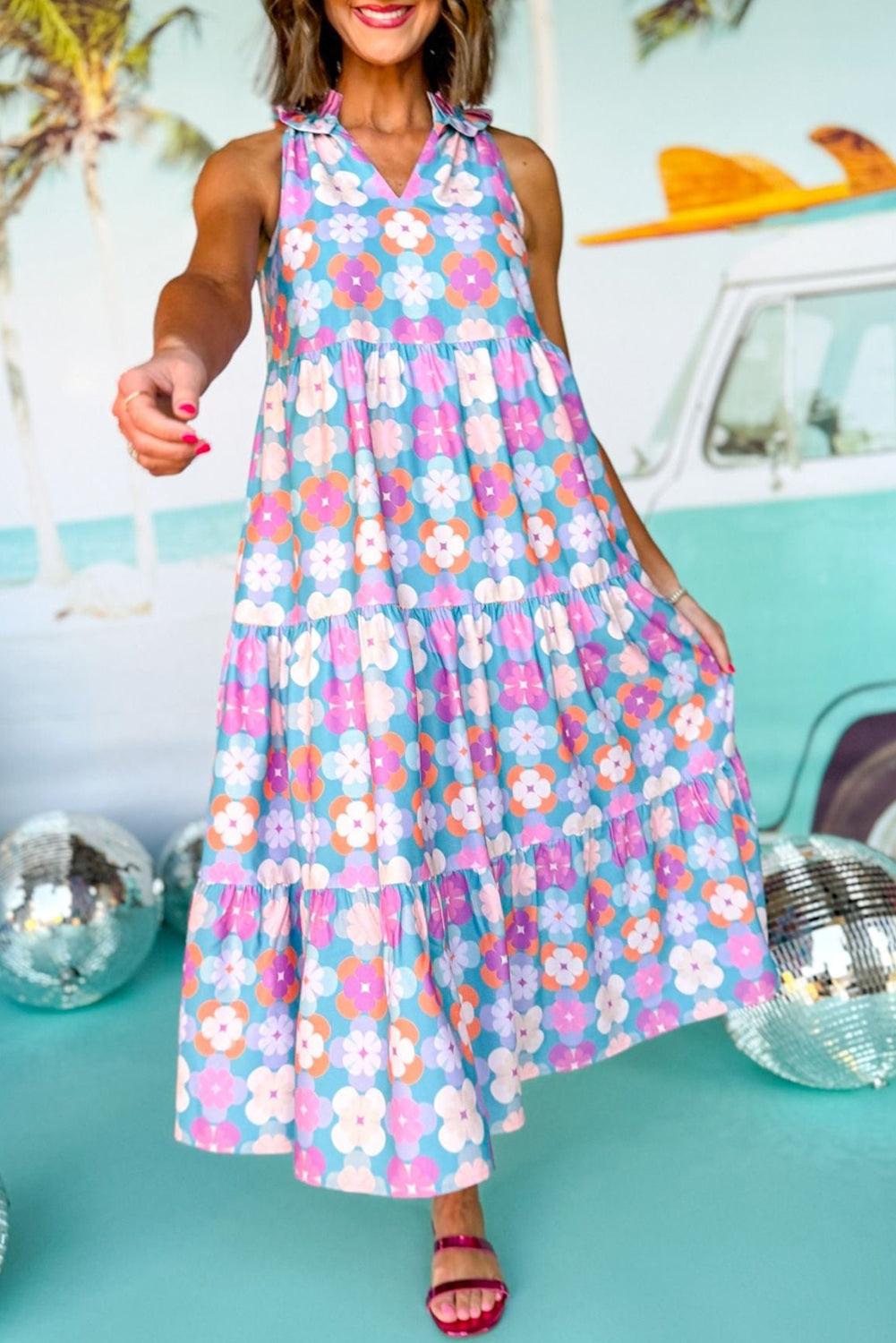 Sky Blue 60s Flower Split Neck Sleeveless Tiered Maxi Dress - The Fair Lady Shop