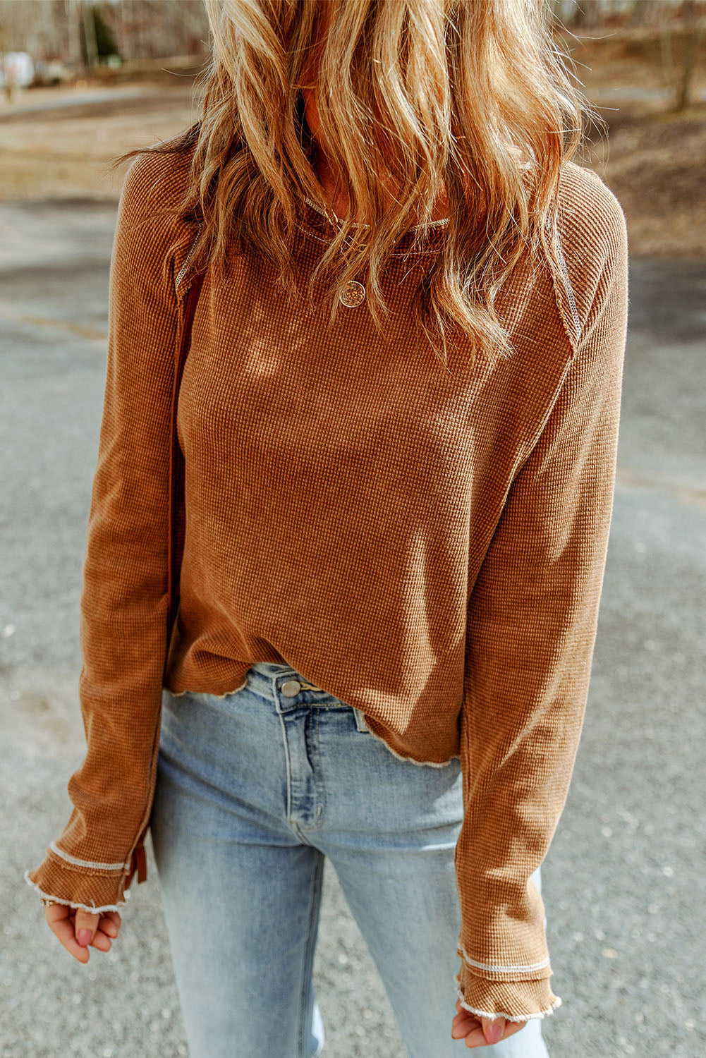 Brown Textured Crewneck Long Sleeve Top - The Fair Lady Shop