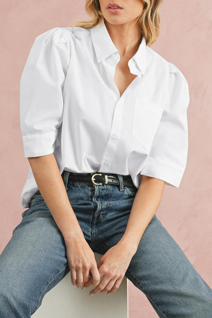 White Solid Color Button Up Puff Sleeve Shirt - The Fair Lady Shop