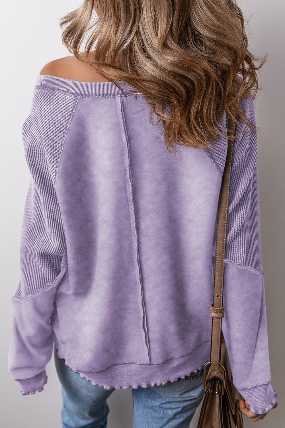 Orchid Petal Waffle Patchwork Raglan Sleeve Exposed Seam Sweatshirt - The Fair Lady Shop