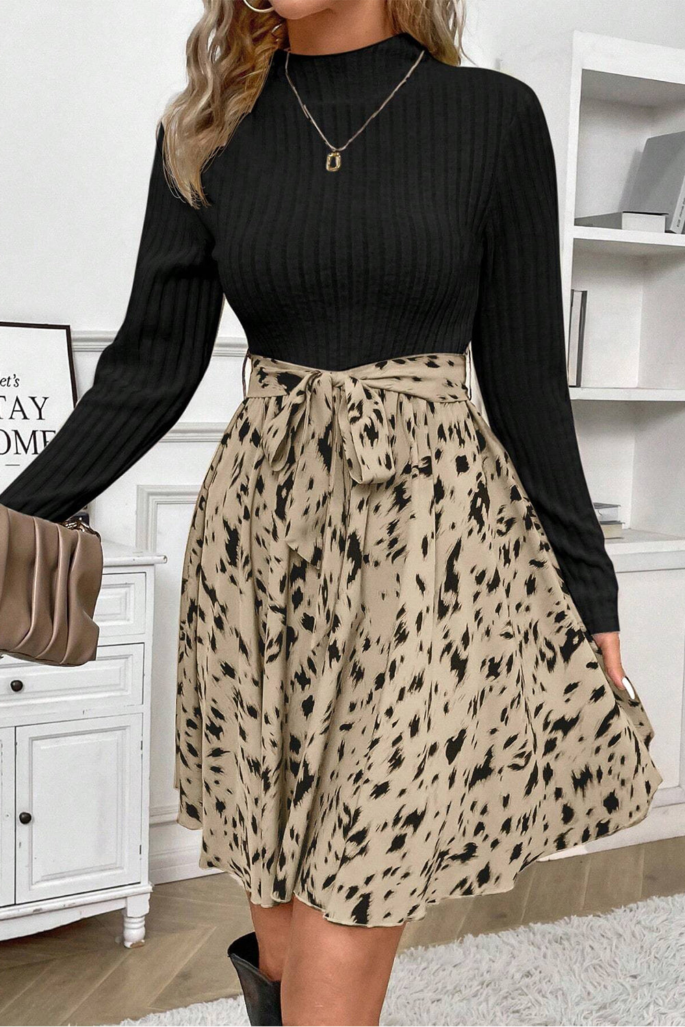 Black Ribbed Knit Patchwork Abstract Print Belted Short Dress - The Fair Lady Shop