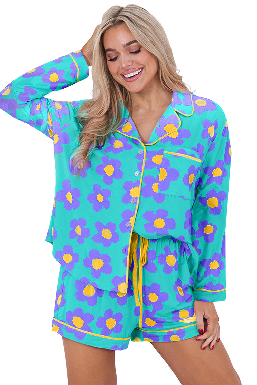 Green 60s Flower Print Buttoned Shirt and Drawstring Waist Pajama Set - The Fair Lady Shop