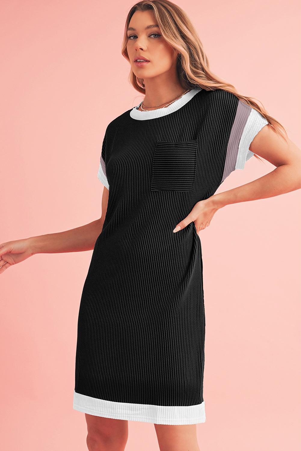 Light French Beige Rib Textured Colorblock Pocket T Shirt Dress - The Fair Lady Shop