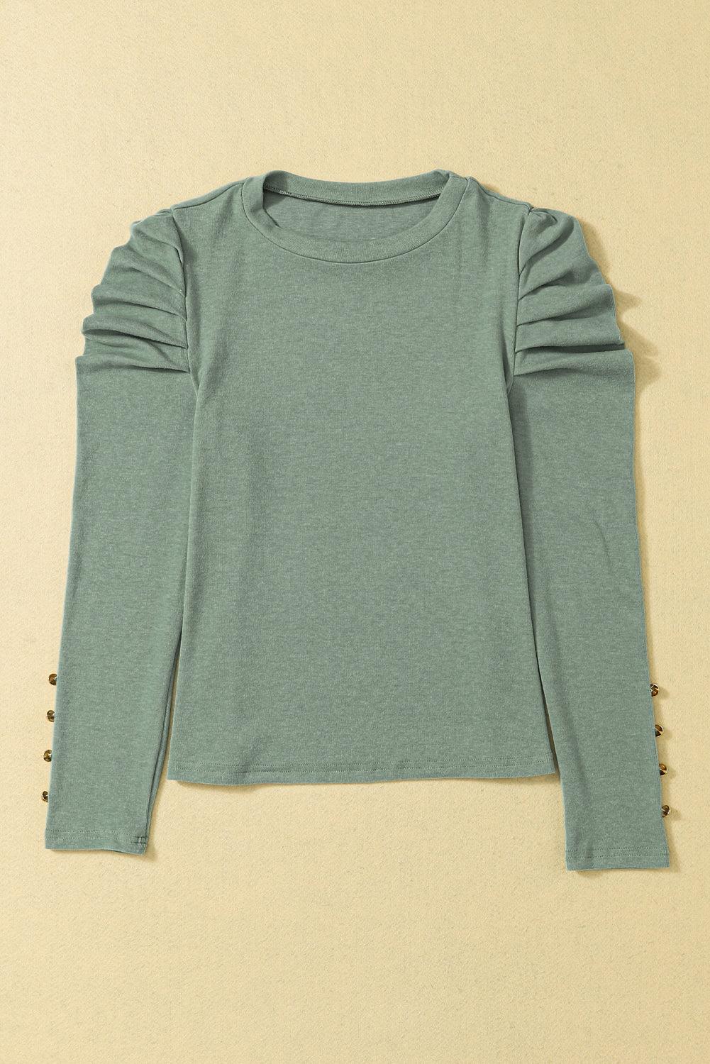 Khaki Plain Buttoned Puff Long Sleeve Sheath Top - The Fair Lady Shop