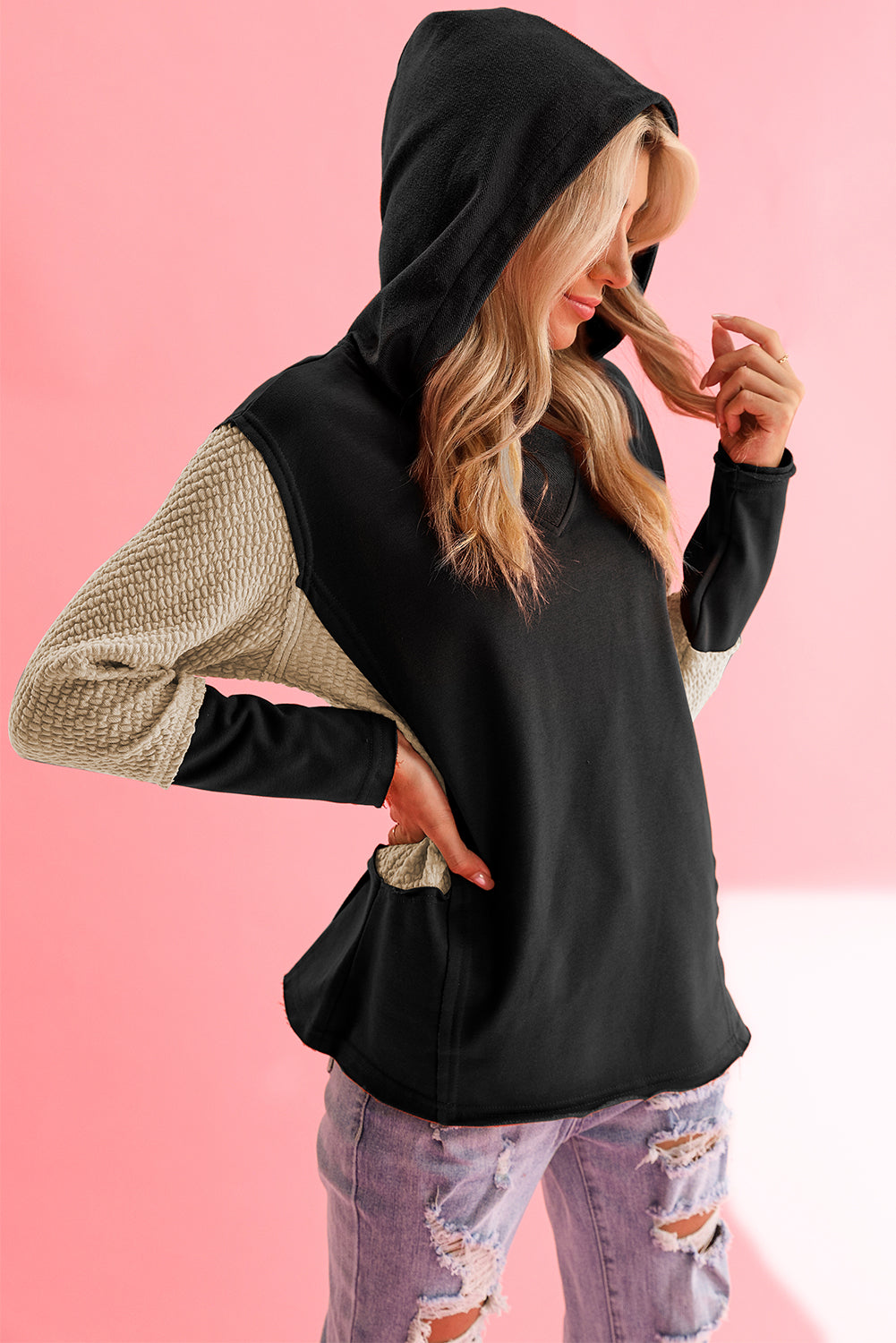 Black Textured Splicing Sleeve Raw Hem Hoodie - The Fair Lady Shop