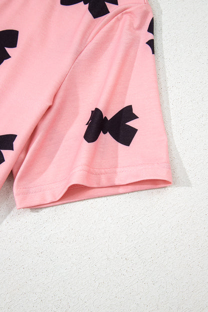 Pink Allover Bow Print Pockets Cropped Pajama Set