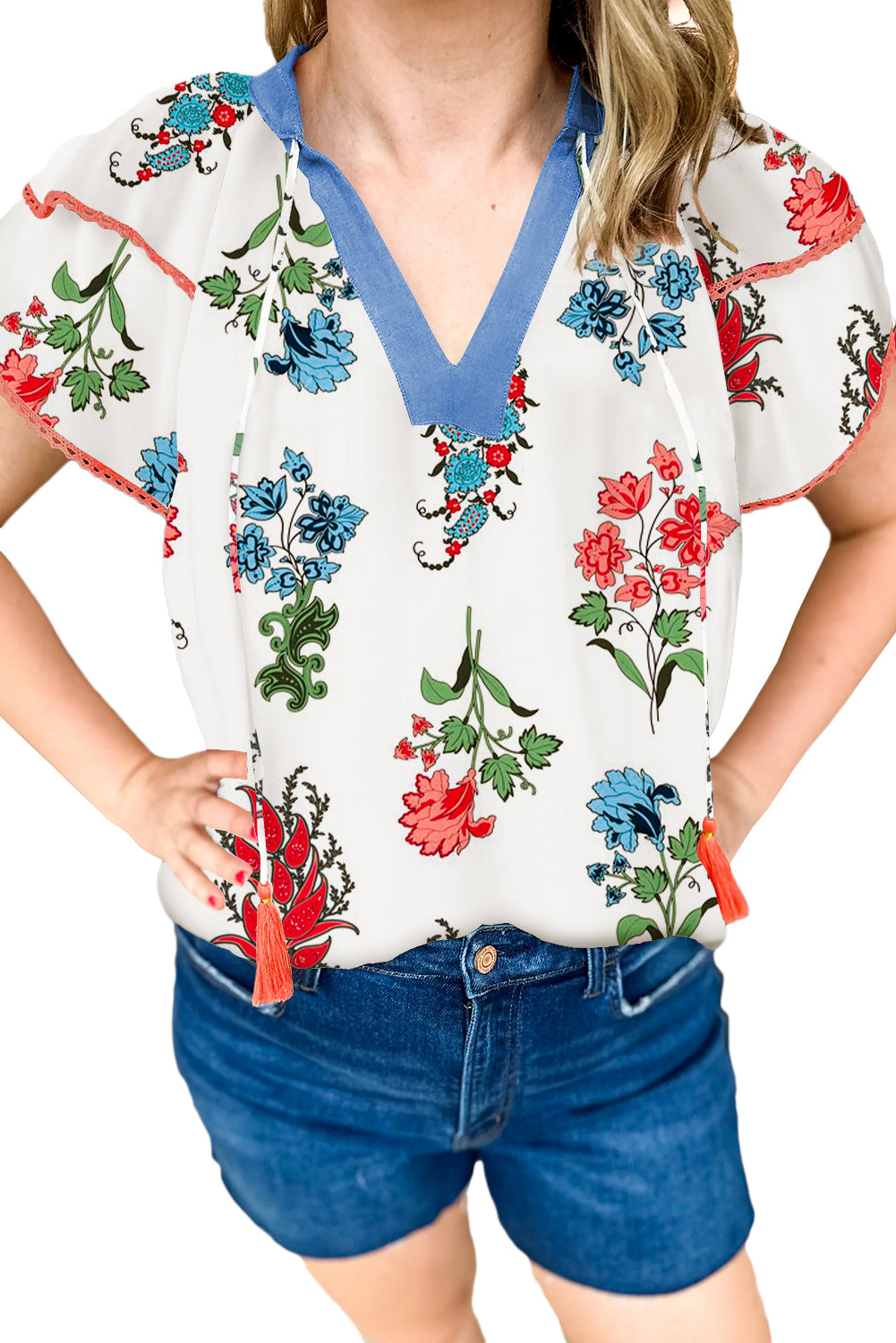 White Floral Tassel Tie V-Neck Lace Trim Ruffle Blouse - The Fair Lady Shop