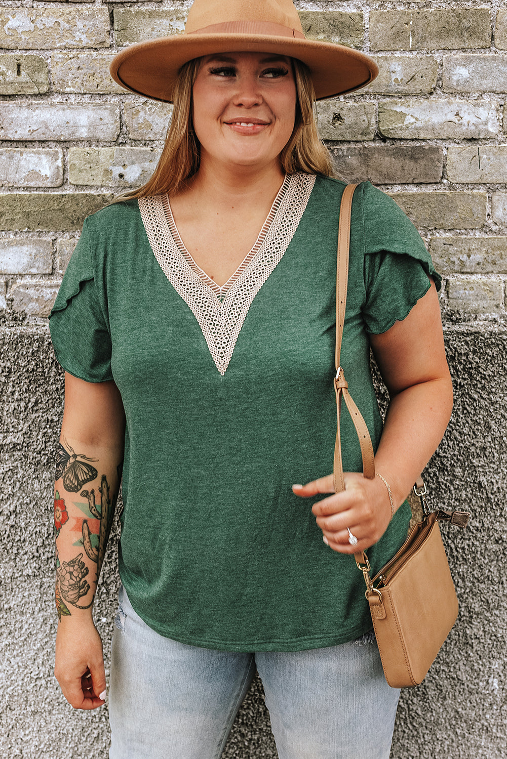 Blackish Green Plus Size Contrast V Neck Draped Sleeve Blouse - The Fair Lady Shop