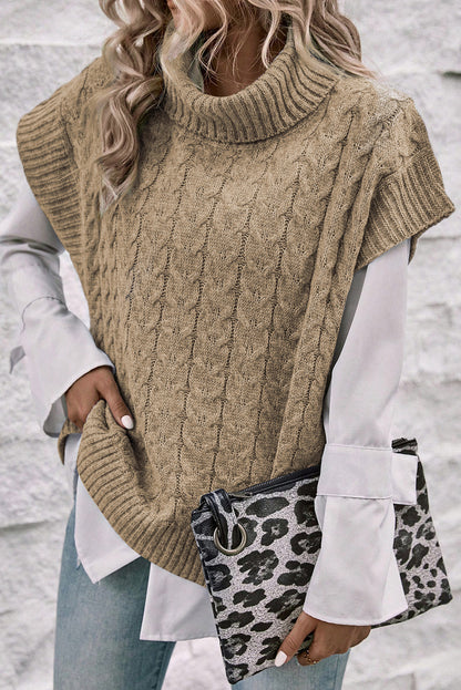 Light Beige Turtleneck Short Dolman Sleeve Cable Knit Sweater - The Fair Lady Shop