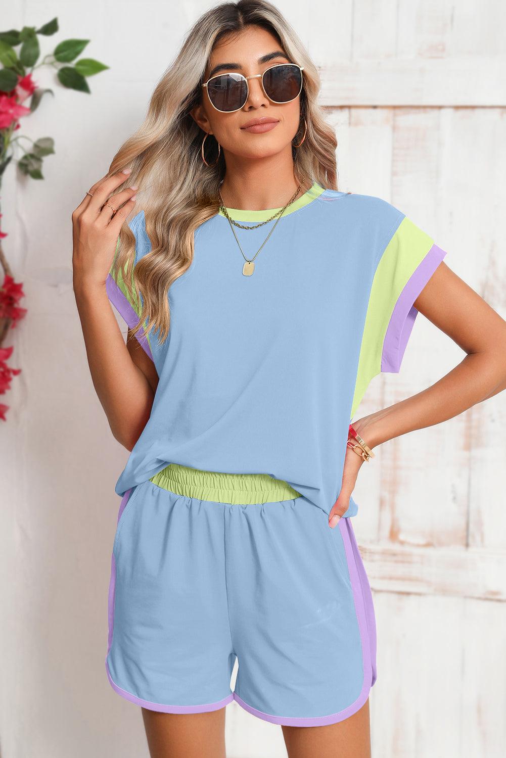 Peach Blossom Color Block Loose Fit Top & Elastic Waist Shorts Set - The Fair Lady Shop