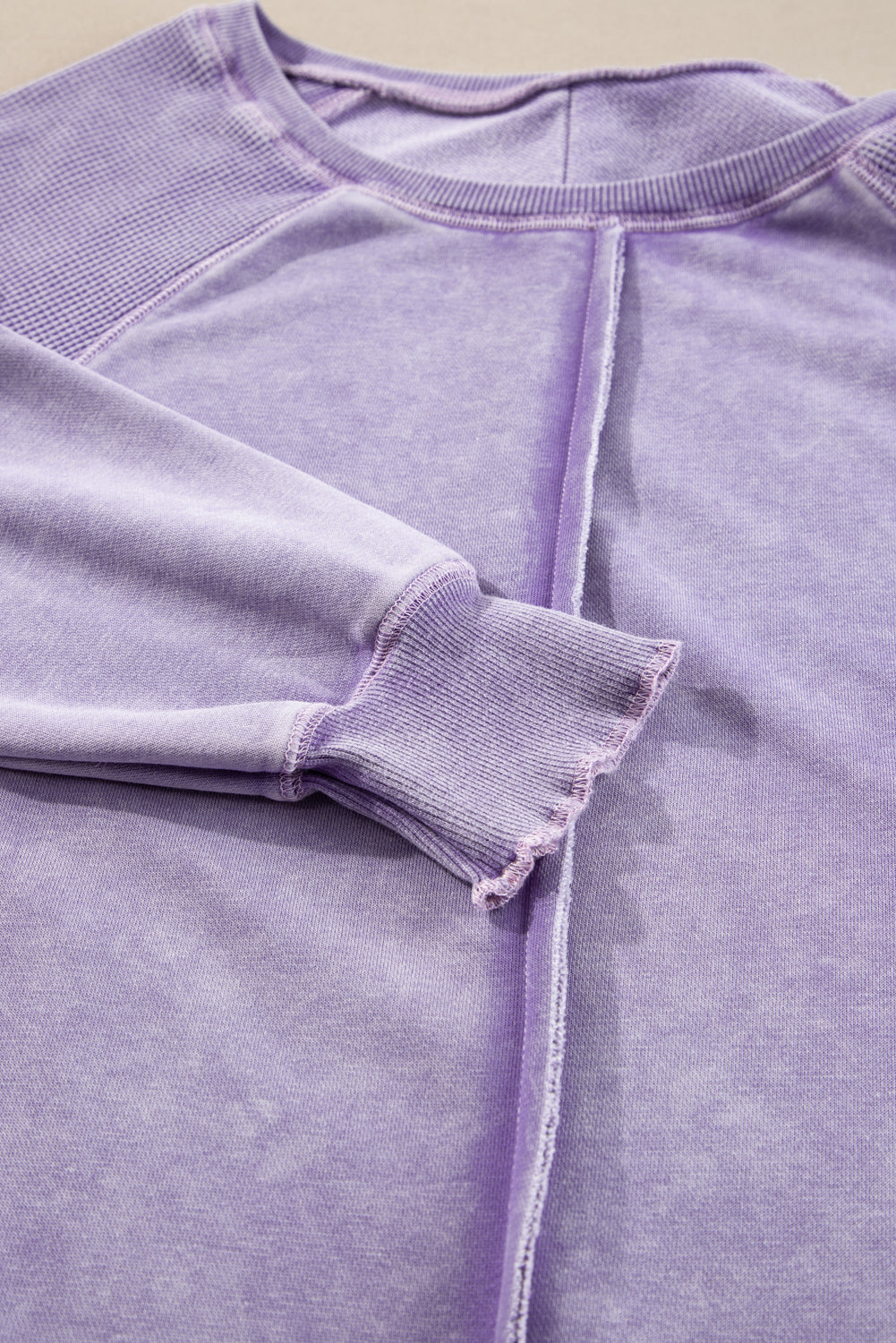 Orchid Petal Waffle Patchwork Raglan Sleeve Exposed Seam Sweatshirt - The Fair Lady Shop