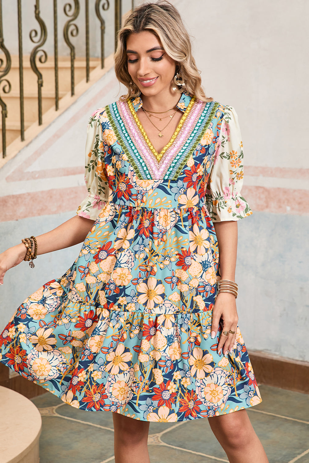 Multicolor Allover Floral Print V Neck Tiered Mini Dress - The Fair Lady Shop