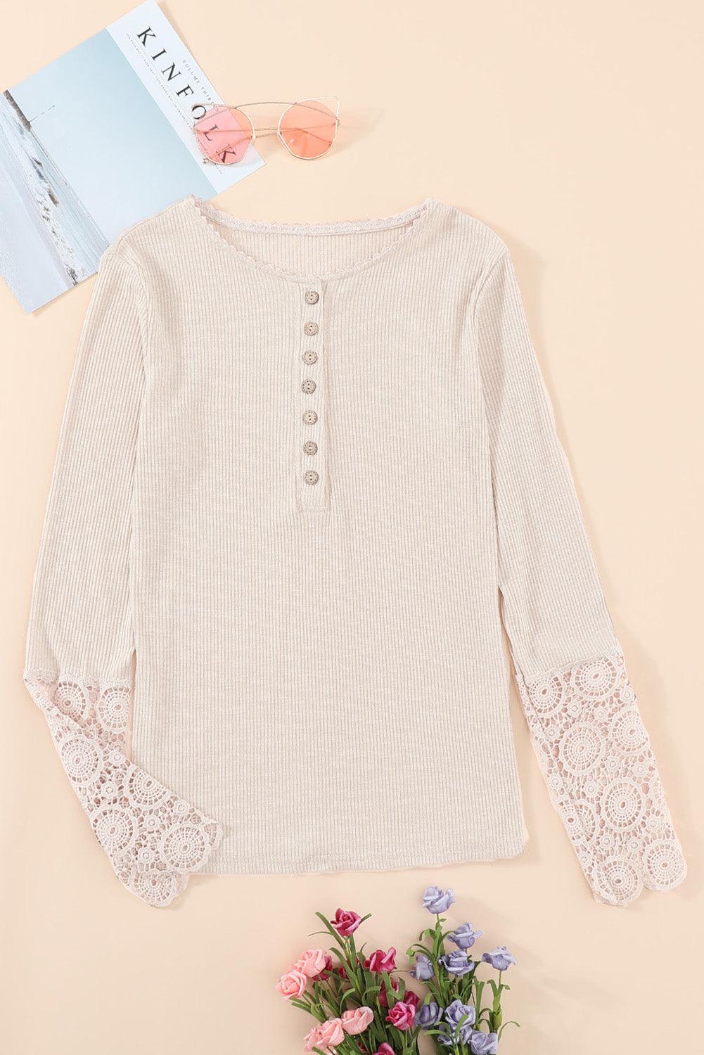 Beige Ribbed Lace Crochet Long Sleeve Henley Shirt for Women - The Fair Lady Shop