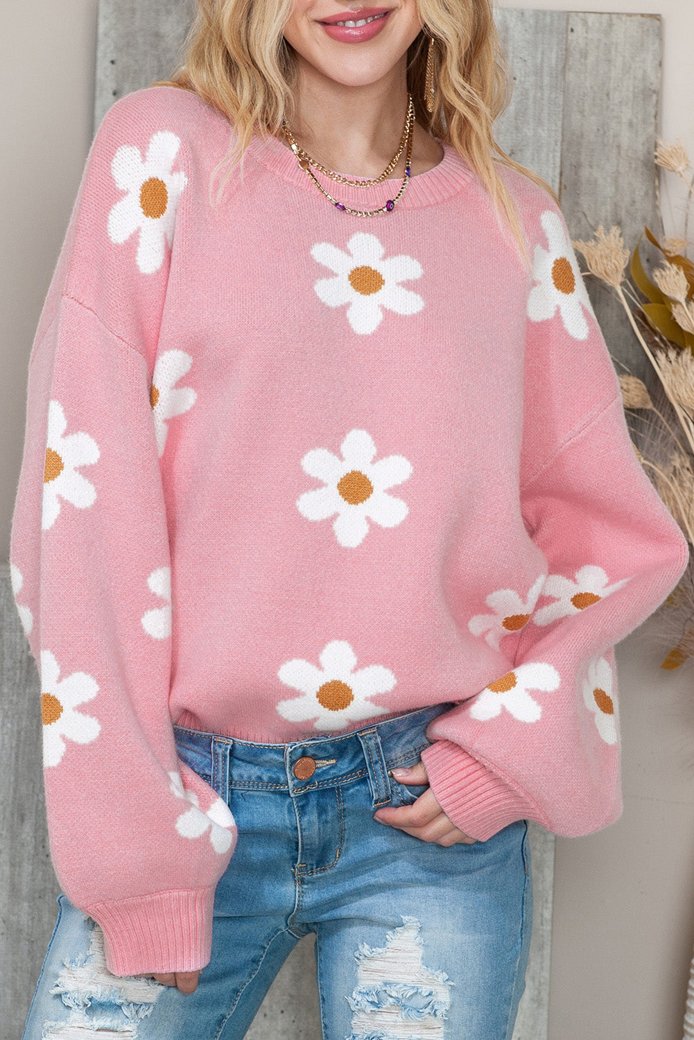 Pink 60s Floral Pattern Drop Shoulder Pullover Knit Sweater - The Fair Lady Shop