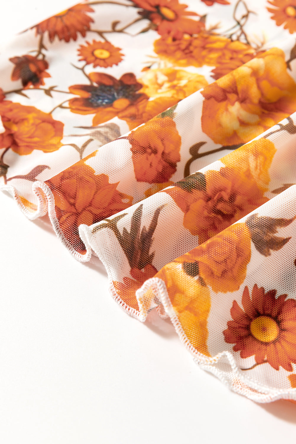 Orange Floral Print Bell Sleeve Mock Neck Scallop Trim Blouse - The Fair Lady Shop