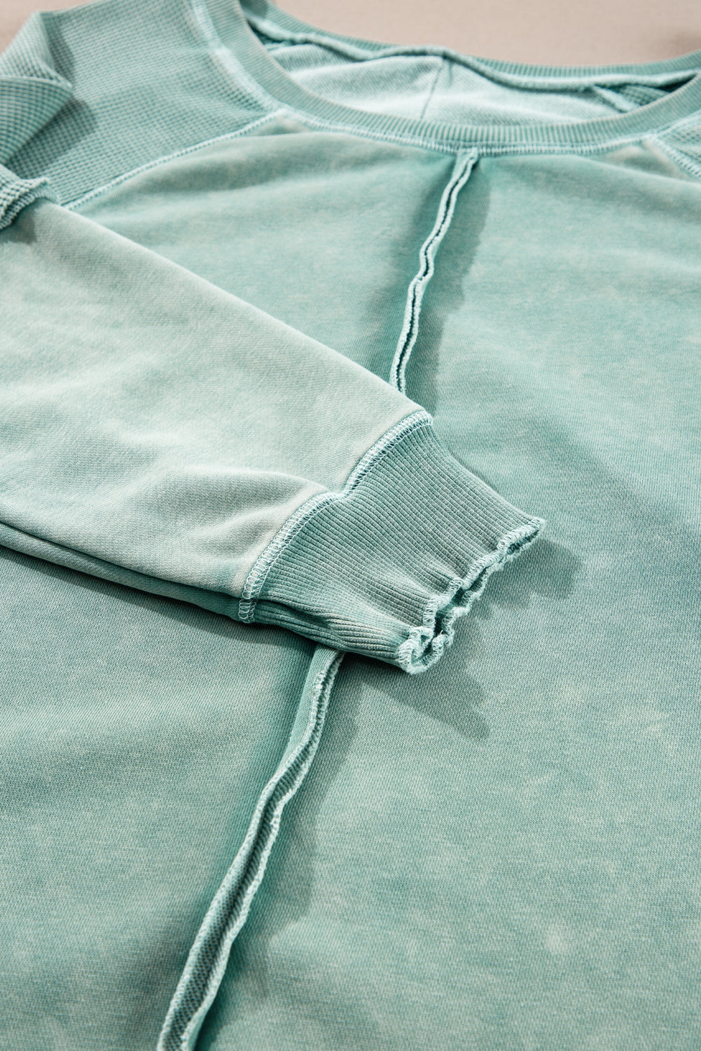 Mineral Blue Waffle Patchwork Raglan Sleeve Exposed Seam Sweatshirt - The Fair Lady Shop