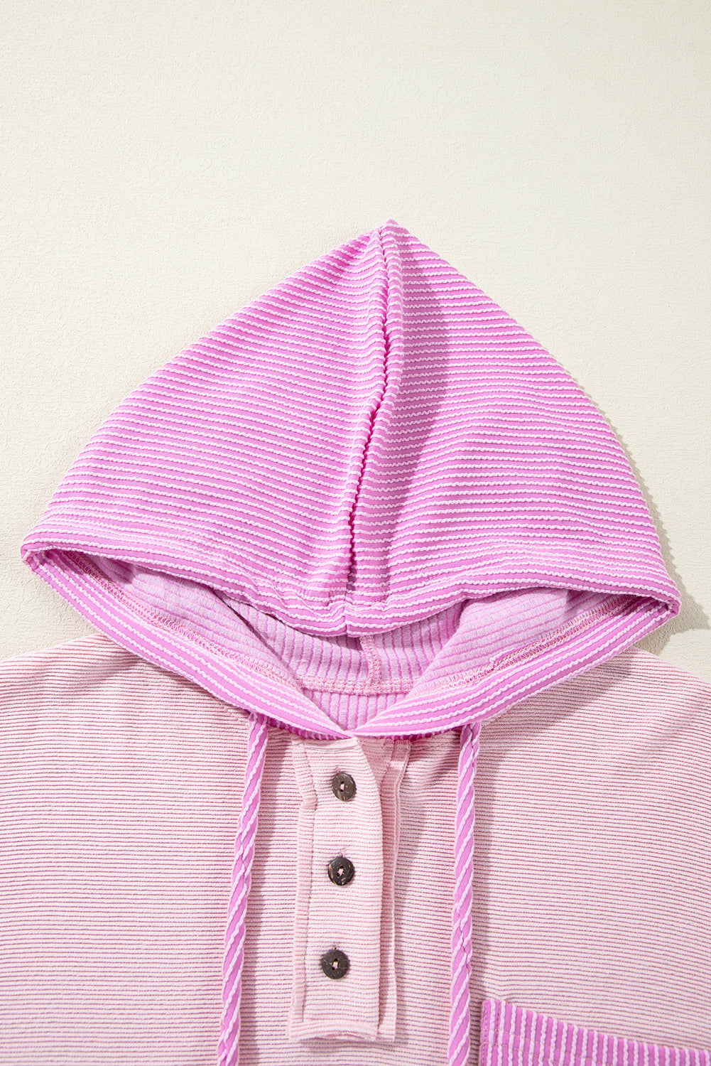 Light Pink Corded Patch Pocket Drawstring Henley Long Sleeve Tops - The Fair Lady Shop