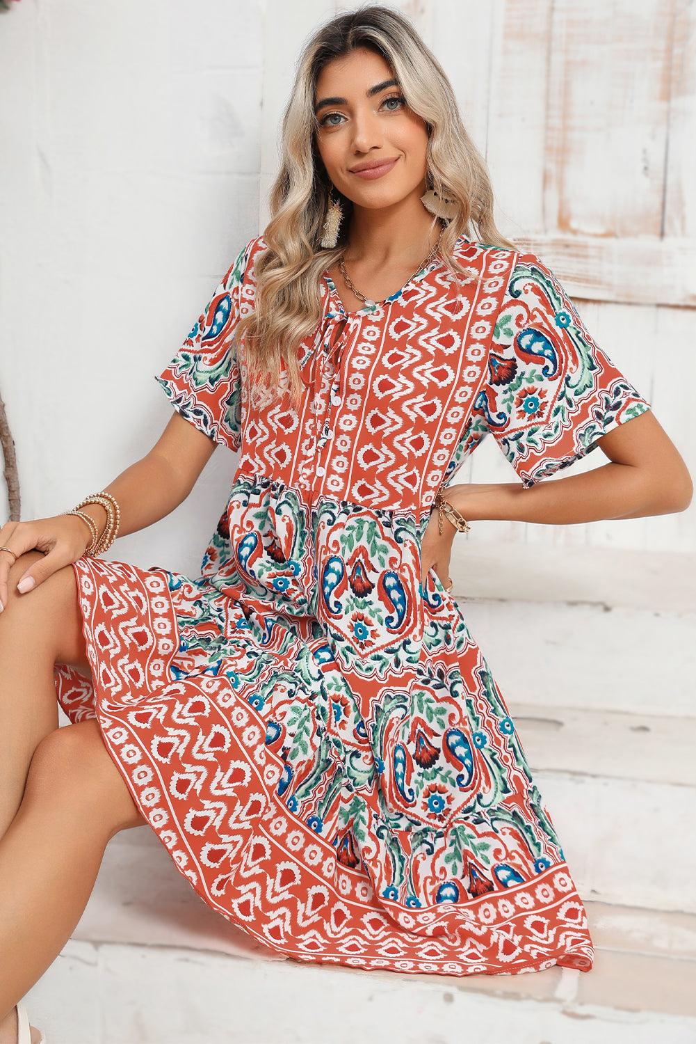 Orange Bohemian Tie Neck Flounce Sleeve Ruffle Hem Mini Dress - The Fair Lady Shop
