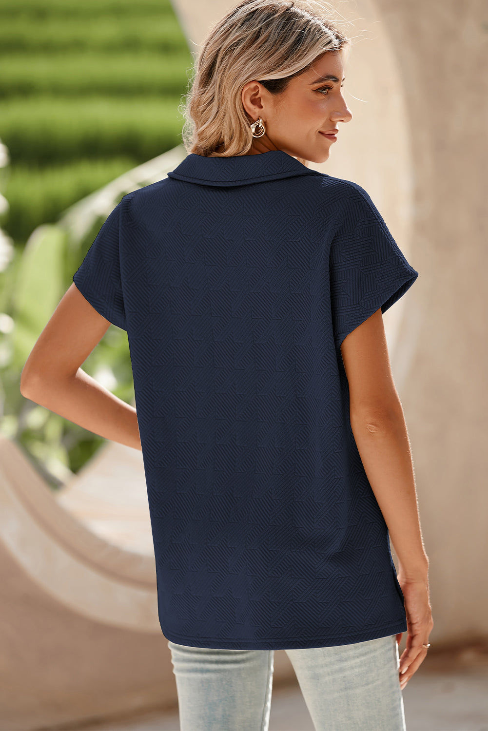 Navy Blue Textured V Neck Collared Slit Hem T Shirt - The Fair Lady Shop
