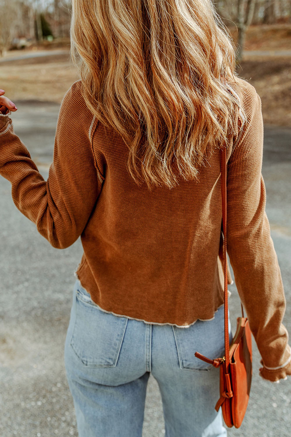 Brown Textured Crewneck Long Sleeve Top - The Fair Lady Shop