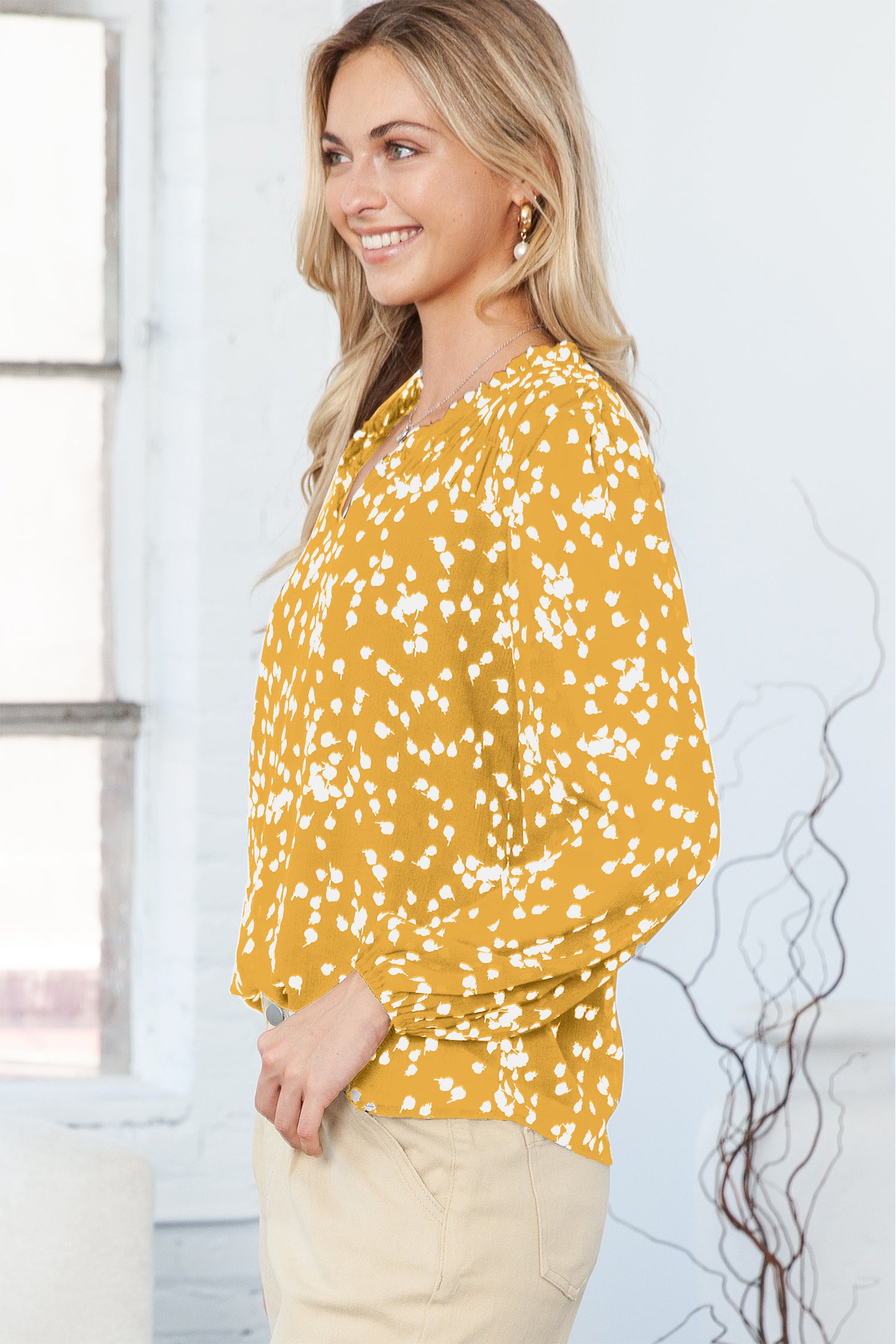 Yellow Frill Split V Neck Boho Crinkled Blouse - The Fair Lady Shop