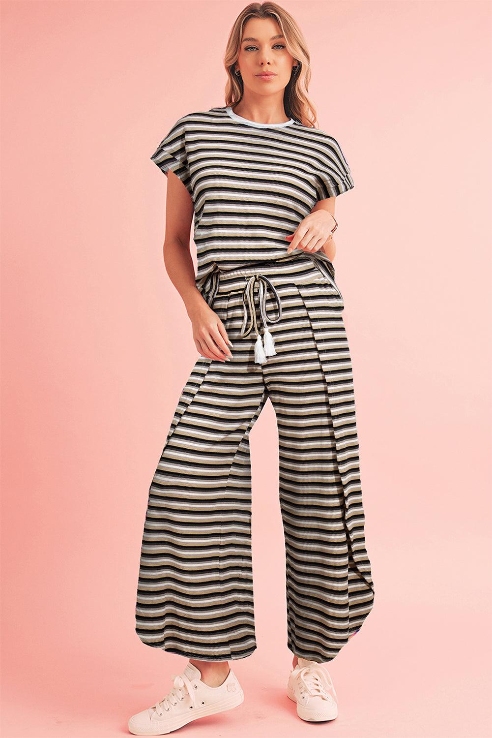 Yellow Stripe Rainbow Tee and Tassel Drawstring Wide Leg Pants Set - The Fair Lady Shop