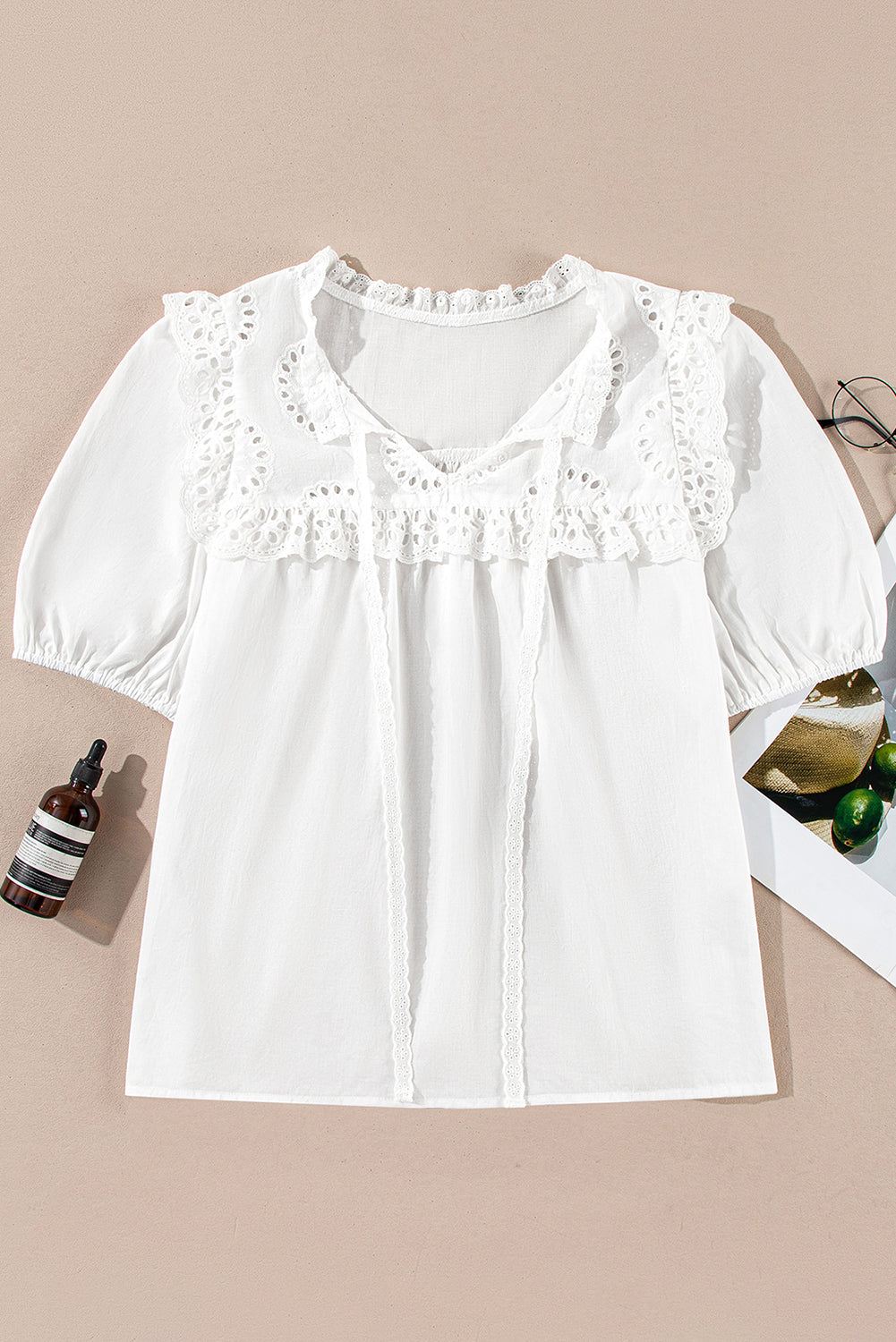 White Embroidered Lace Patchwork Tie Neck Half Sleeve Blouse - The Fair Lady Shop