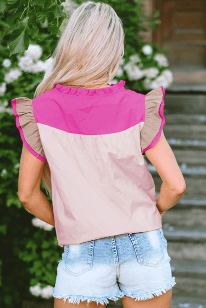 Mist Blue Colorblock Ruffled Sleeve Frill V Neck Blouse - The Fair Lady Shop